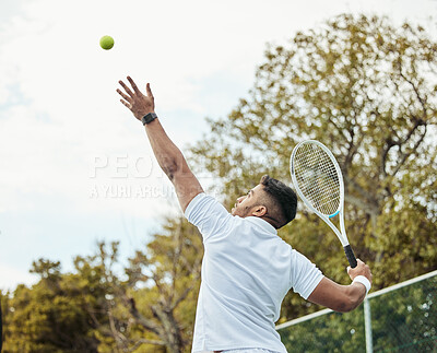 Buy stock photo Man, tennis and serve with fitness on court and start game, sports and athlete, performance and competition. Health, energy and professional player on outdoor turf, exercise and racket during match