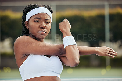 Buy stock photo Sports, portrait and woman tennis player doing warm up for practice to play match at stadium. Fitness, serious and African female athlete with stretching exercise for training on court for tournament