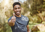 Happy man, portrait and thumbs up in nature for workout, training or outdoor fitness achievement. Male person, athlete or runner smile with like emoji, yes sign or OK in success, exercise or good job