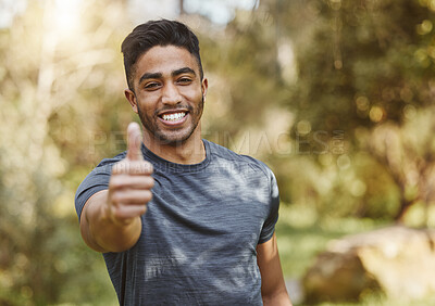 Buy stock photo Happy man, portrait and thumbs up in nature for workout, training or outdoor fitness achievement. Male person, athlete or runner smile with like emoji, yes sign or OK in success, exercise or good job