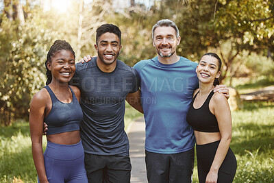 Buy stock photo Fitness, group and people hug for portrait, athlete team and support for sport and health. Exercise friends, diversity and healthy with challenge, training together with workout and trust in forest