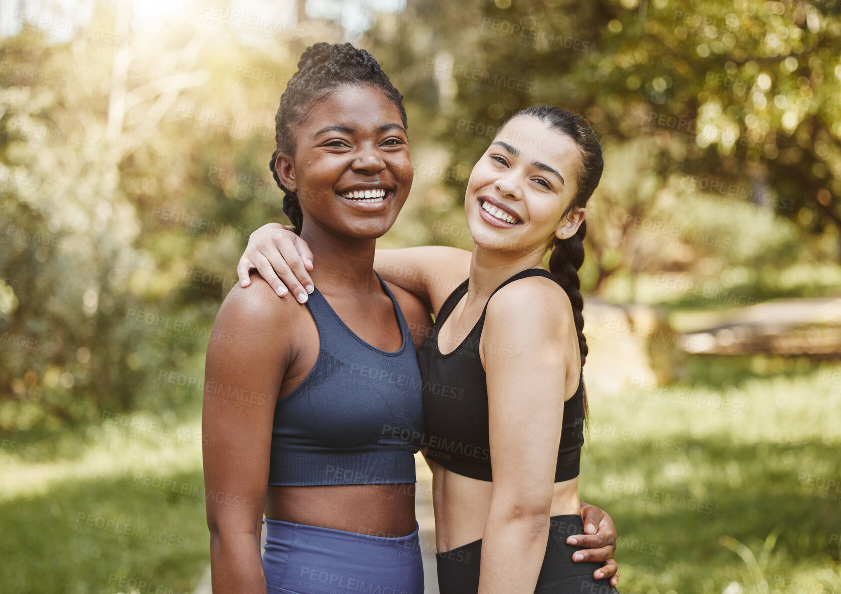 Buy stock photo Fitness, smile and portrait of friends in a forest after workout, exercise and outdoor training together with support and care. Happy, nature and women hug in morning ready for wellness teamwork