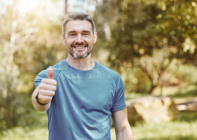 Buy stock photo Senior man, portrait and thumbs up in nature for fitness, training or outdoor workout achievement. Mature male person, athlete or runner smile with like emoji, yes sign or OK in success for exercise