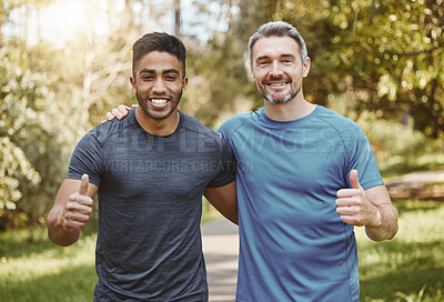 Buy stock photo Happy man, portrait and friends in nature with thumbs up for fitness, training or workout together. Male person, athlete or runners smile and like emoji, yes sign or OK in success or outdoor exercise