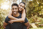 Fitness, nature and portrait of couple piggyback outdoors for exercise, training and cardio workout. Dating, relationship and man and woman in forest, wood or park for wellness, health and sports