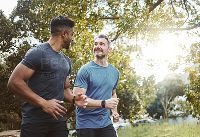 Buy stock photo Running team, fitness and men in nature park with cardio, athlete and support for sports and health. Exercise friends, diversity and runner club, healthy and training for race outdoor with workout