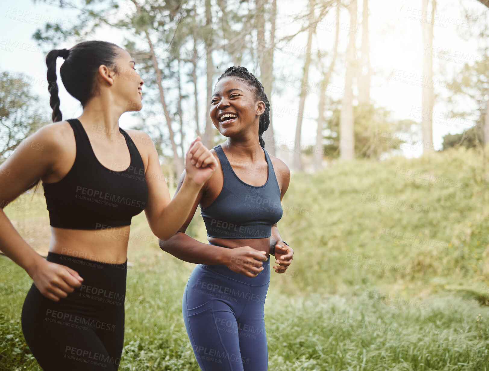 Buy stock photo Running team, fitness and women in park with cardio, athlete and support for sports and health. Exercise friends, diversity and runner club, happy with training for race outdoor and workout in nature