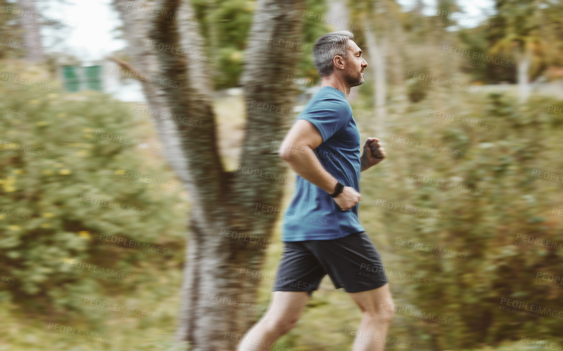 Buy stock photo Man, running and forest in workout, training or outdoor cardio exercise for healthy wellness or weight loss. Active male person, athlete or runner in sports run, sprint or race for fitness in nature