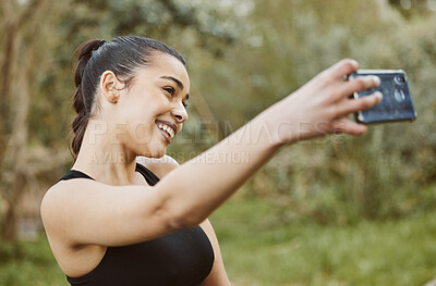 Buy stock photo Happy woman, fitness and smile in nature for selfie, photography or outdoor memory and exercise. Active or sporty female person taking photograph, picture or online social media vlog after workout