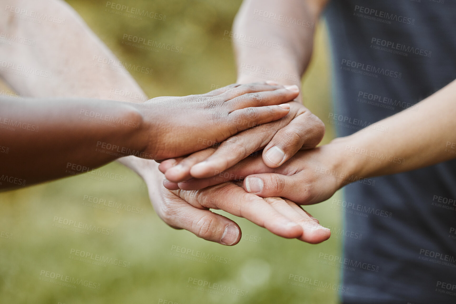 Buy stock photo Hands together, closeup and support with team of people outdoor, help and mission with strategy. Huddle, collaboration or partnership with solidarity, trust in community with goals and friends