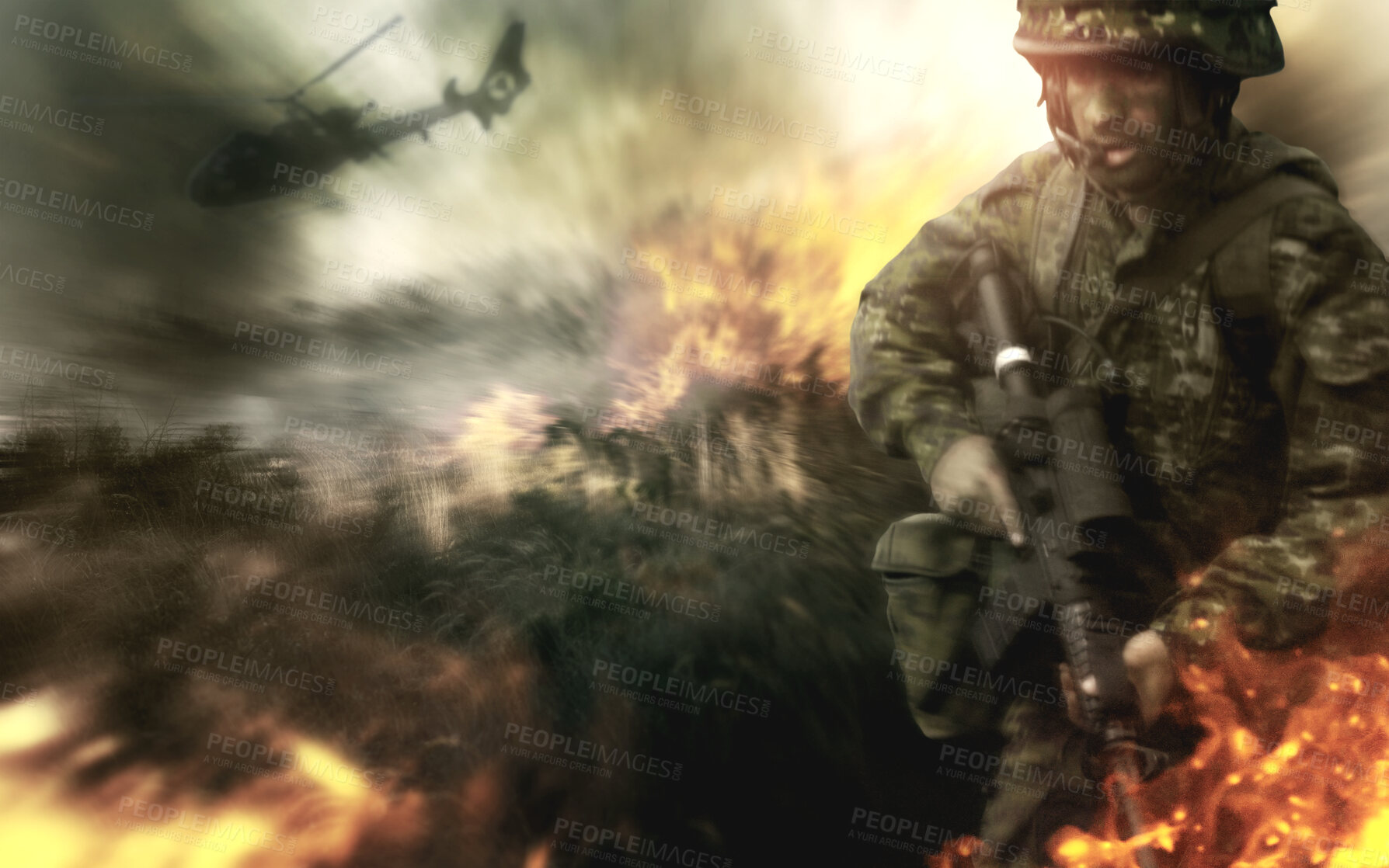 Buy stock photo Army, man and war with field fire, gun and danger, risk or violence in military service and battle, mission or apocalypse. Soldier or hero walking in flames, smoke or warzone and helicopter for crime