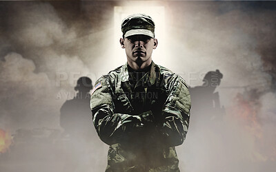 Buy stock photo Man, soldier or hero in war with smoke in explosion, team or shadows in overlay for mockup. Military, person or commander on mission with light, door and standing with confidence, hope and future