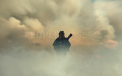 Buy stock photo Man, soldier or army with silhouette in smoke, dust and alone in overlay with weapon, rifle or gun in mockup. Male, person and walk for battle, war or mission in intelligence, security or training