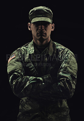 Buy stock photo Soldier, man with arms crossed and army warrior in war, conflict and battle with uniform on black background. Hero, military and camouflage with security, protection and mission for fight in studio