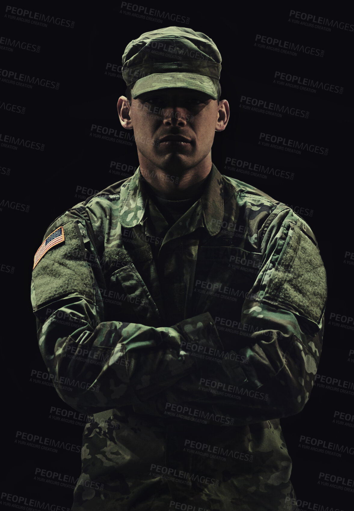 Buy stock photo Soldier, man with arms crossed and army warrior in war, conflict and battle with uniform on black background. Hero, military and camouflage with security, protection and mission for fight in studio