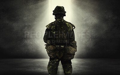 Buy stock photo Soldier, back and ready for war, battlefield or fight for nation, government or land in Ukraine. Military agent, army service person and conflict in warzone for freedom, justice or courage on mission