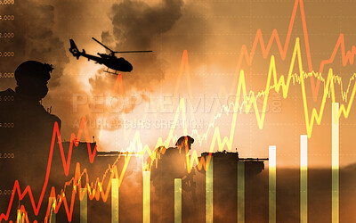 Buy stock photo War, finance chart and double exposure for trading, tank or helicopter for soldier on battlefield. Global conflict, stock market and currency crash for sanction, explosion or smoke in Ukraine warzone