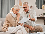 Old people with life insurance application, retirement fund and paperwork, partner with property investment or asset management. Couple in marriage, financial planning together and policy documents 