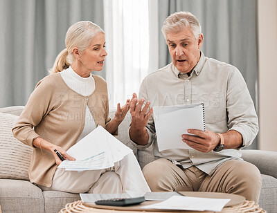 Buy stock photo Stress, old couple with documents and taxes in home, mortgage payment and retirement funding crisis. Financial budget, senior man and woman on sofa with anxiety for bills,  life insurance and debt.