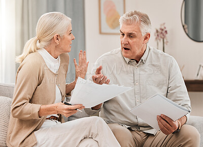 Buy stock photo Bills, old couple with documents and stress in home, mortgage payment and retirement funding crisis. Financial budget, senior man and woman on sofa with anxiety for debt,  life insurance and taxes.