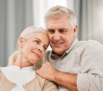 Buy stock photo Old couple, hug and relax on sofa with love and support, bonding while at home with trust and comfort. People with time together, marriage or life partner with retirement, calm and peace of mind