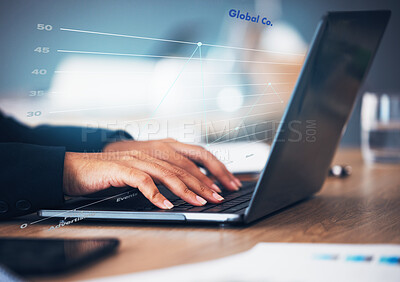 Buy stock photo Hands, person and typing with overlay on laptop for digital transformation, big data and work database. Mobile, light and hologram for information technology, business and research with graphics