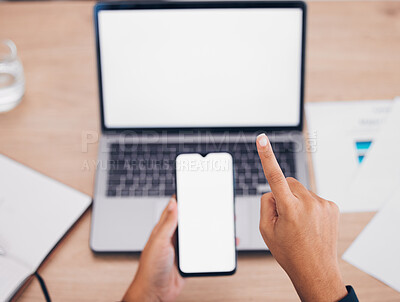 Buy stock photo Person, hands and phone with laptop mockup for online marketing, web design or app at office. Closeup of employee pointing in computer or mobile smartphone display for UI, networking or advertising