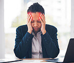 Stress, headache and business woman in office with laptop, documents or budget review crisis. Anxiety, migraine and female financial advisor overwhelmed by tax, audit or bankruptcy, loss or debt