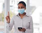 Woman, mask and phone for future medicine research in hospital, innovation or learning. Female employee, problem solving for health and information technology or data collection, thinking OR results