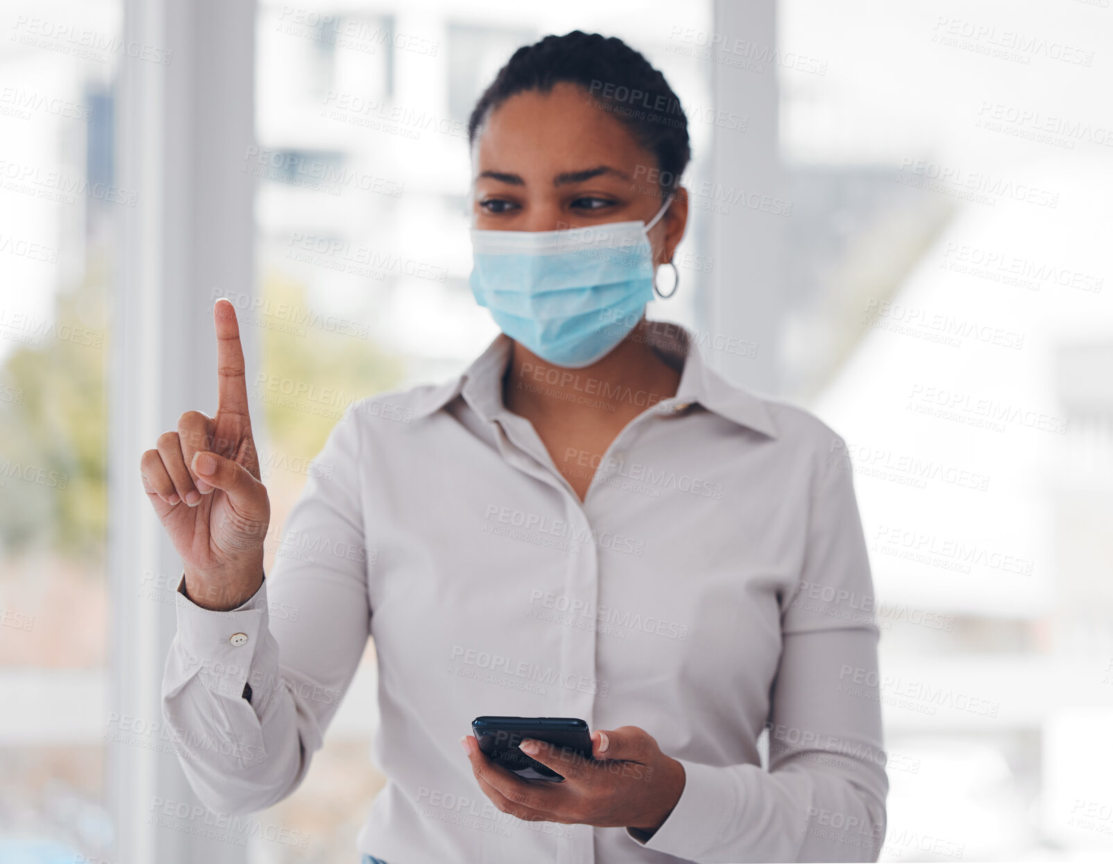 Buy stock photo Woman, mask and phone for future medicine research in hospital, innovation or learning. Female employee, problem solving for health and information technology or data collection, thinking OR results