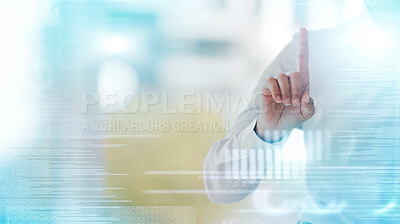 Buy stock photo Finger, user interface hologram and business person with hand gesture for biometrics, digital scan and ui. Mockup, overlay and person with fingerprint for data analysis, cybersecurity and touchscreen