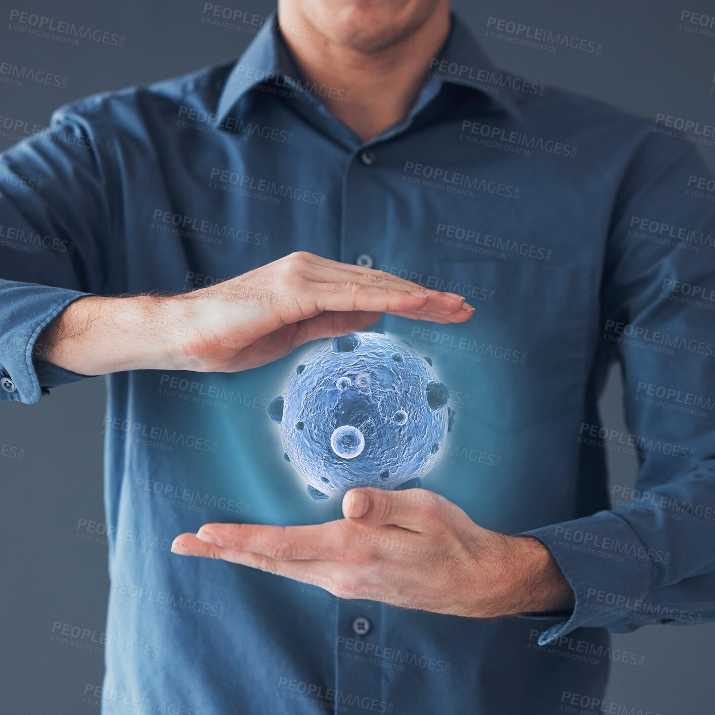 Buy stock photo Man, closeup and hologram with virus, healthcare and cure with employee, vaccination and cancer cell. Person, worker and holographic with biotech, futuristic and data analytics on a studio background