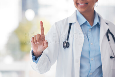 Buy stock photo Finger, doctor and black woman in hospital for user interface, biometrics and ux for telehealth. Futuristic, healthcare and worker with hand gesture for digital scan, clinic ex and medical research