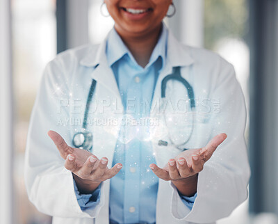 Buy stock photo Hologram, doctor and hands in hospital for user interface, biometrics and ux for telehealth. Futuristic, healthcare and worker with hand gesture for digital scan, clinic website and medical research