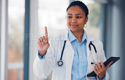 Buy stock photo Doctor, tablet for networking and touch with finger for medical research, connection or communication. Telehealth, digital app and healthcare professional with invisible future technology in medicine