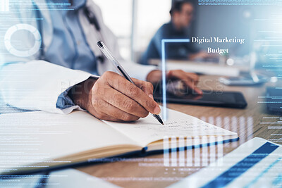 Buy stock photo Tablet, hands and doctor writing in notebook, research and digital marketing budget overlay. Tech, book and medical professional closeup for information, healthcare data and analysis of statistics