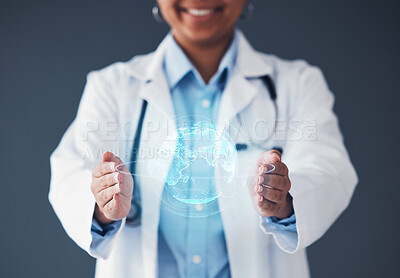 Buy stock photo Globe, hologram and hands of doctor for network, biometrics and website for telehealth. Futuristic, healthcare mockup and person with world overlay for digital scan, clinic ux and medical research