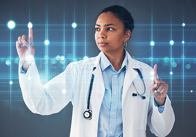 Buy stock photo Finger, doctor and woman with hologram screen for user interface, biometrics and telehealth. Futuristic overlay, healthcare and worker with hands for digital scan, internet and medical research