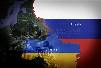 Buy stock photo Map, Ukraine and Russia flag with double exposure, war and soldier with gun, shooting or battlefield. Global conflict, satellite view and international warzone for freedom, military or human rights