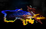 War, map of Ukraine and Russia in military conflict, geopolitical crisis and fight. Battle, politics and violence of countries in Europe, Moscow and Kyiv in 3d illustration of jet, bombs or missile