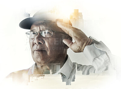 Buy stock photo Army man, salute and double exposure for war, military services or leadership for nation in city. Senior soldier, navy and sign for support, respect or order for conflict, fight or vision for country
