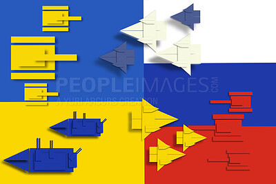 Buy stock photo Conflict, Ukraine and Russia flag with jet, tank and warship with 3D illustration, infrastructure and transportation. Warzone, plane and boat for bomb, shooting or fight for freedom with human rights