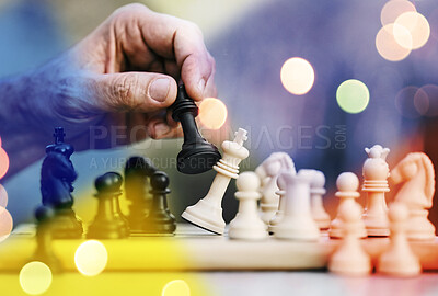 Buy stock photo Ukraine flag, chess and hands for war, strategy and overlay for combat, battle and fight with Russia. Global conflict, military games and international warzone for freedom, justice and human rights