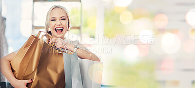 Buy stock photo White woman, shopping and smile for purchase, bokeh and 
happiness with bags, spending money and customer. Portrait, sale and mall for clothes, discount and promotion for fashion, buying and excited