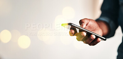 Buy stock photo Businessman, hand and smartphone in closeup for communication in overlay, bokeh and banner for mockup. Black, person or worker for digital marketing, social media or fintech in office on internet