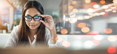 Buy stock photo Student, woman and glasses on laptop at cafe for online education, e learning or remote work on banner or bokeh overlay. Young person on computer in vision, reading and online research at coffee shop