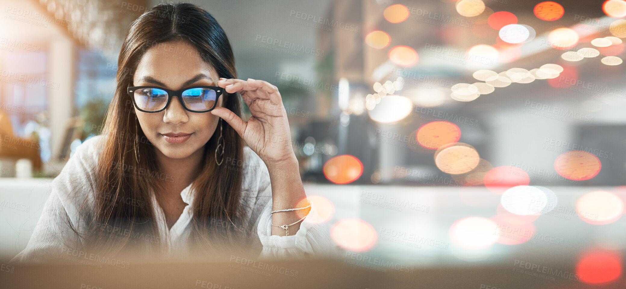 Buy stock photo Student, woman and glasses on laptop at cafe for online education, e learning or remote work on banner or bokeh overlay. Young person on computer in vision, reading and online research at coffee shop