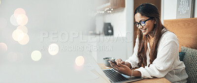 Buy stock photo Business woman, phone and laptop at cafe for remote work, social media and planning in marketing mockup, banner or bokeh overlay. Freelancer at coffee shop, typing or search on mobile for opportunity