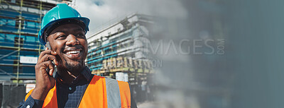 Buy stock photo Phone call, engineering man and happy city planning, construction site communication and dust overlay or banner. African builder or project manager talking on mobile for architecture ideas and mockup