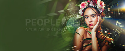 Buy stock photo Beauty, banner and makeup with woman in nature background, mockup or creative advertising in rose. Spring marketing, skincare and flower designer with cosmetics, spa aesthetic and sustainability 